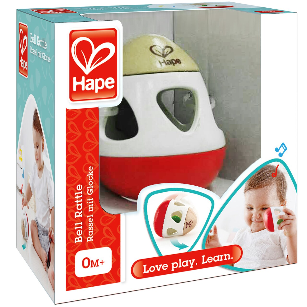 Hape: Bell Rattle - Red-White-Green, Egg Shaped Easy Grip Shake Toy, Roly Poly, Rolls & Loops Back, Soft Sounds Sensory Play, Infant & Babies Age 0mo+